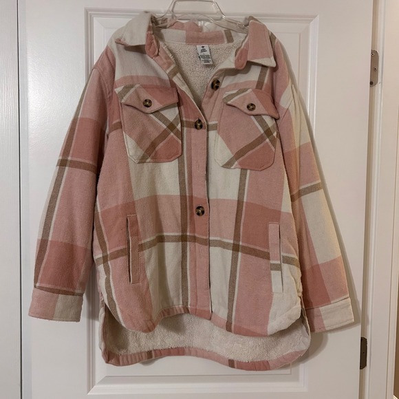Member's Mark Jackets & Blazers - Member's Mark Shirt Jacket Women Sherpa Lined Plaid Pink Cream L